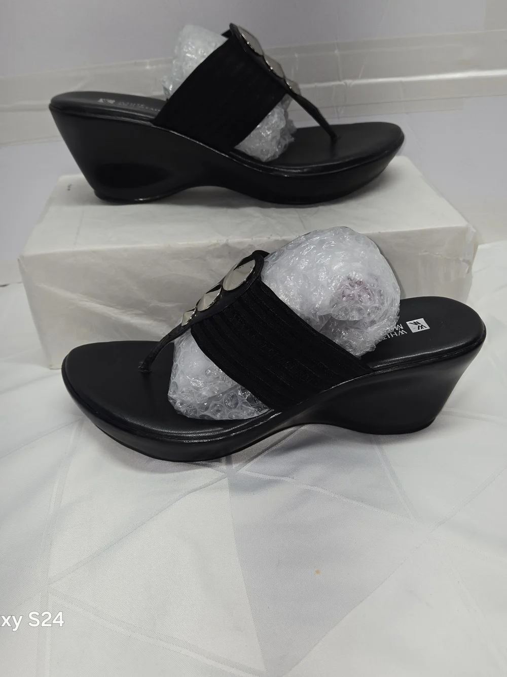 Black Wedge Thong Sandals with Decorative Accent - Women's